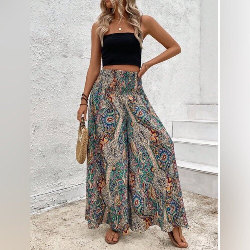 Shirred Waist Paisley Print Wide Leg Palazzo Pants - Picture 6 of 9